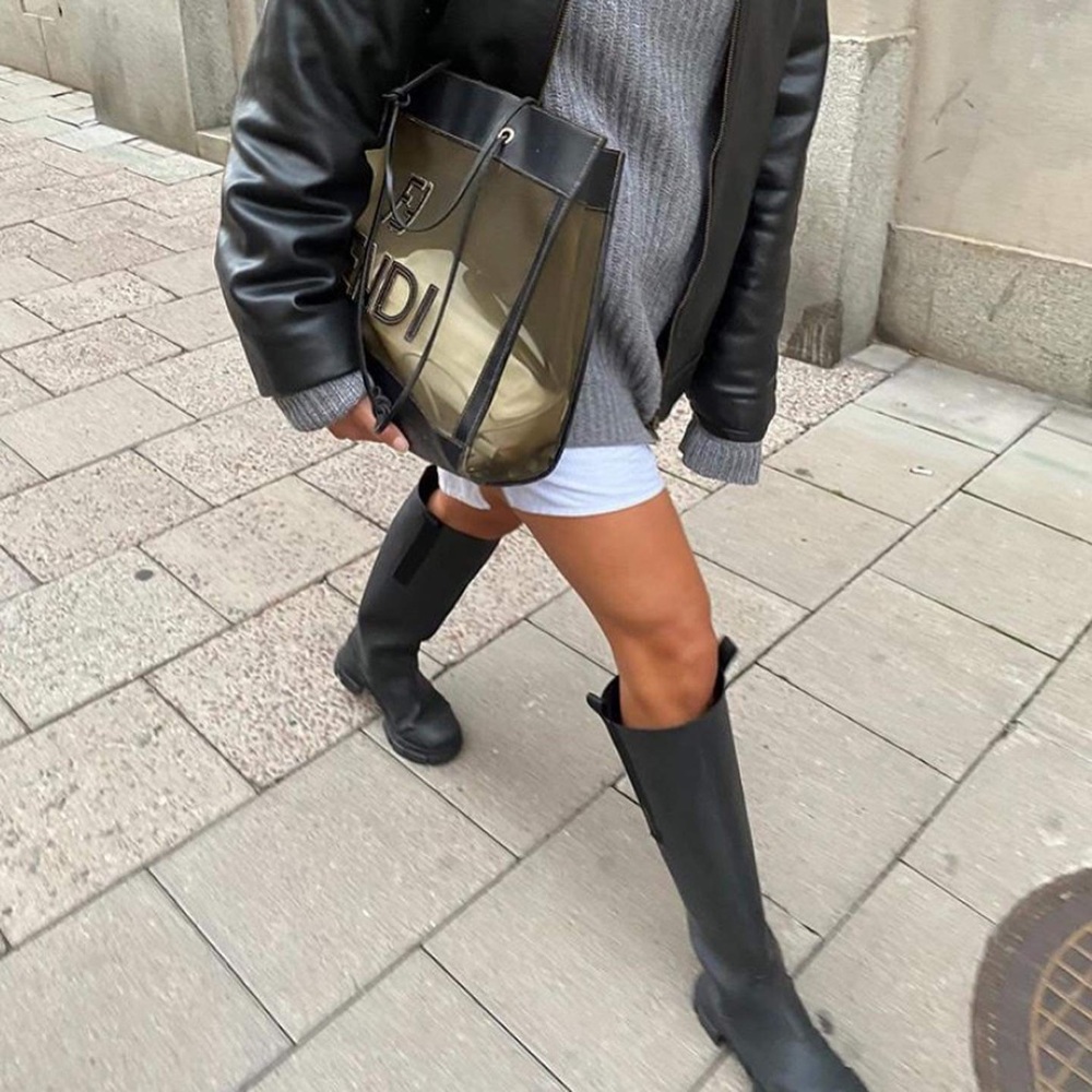 GANNI black knee high faux fur lined chunky boots with tabs - Picture 1 of 16